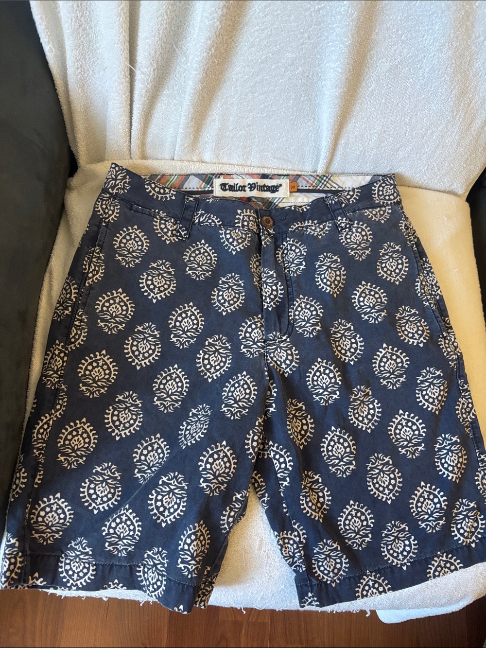 Tailor Vintage Navy and White Printed Men’s Flat Front Shorts